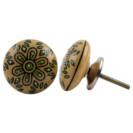 Beige Green Floral Ceramic Knob